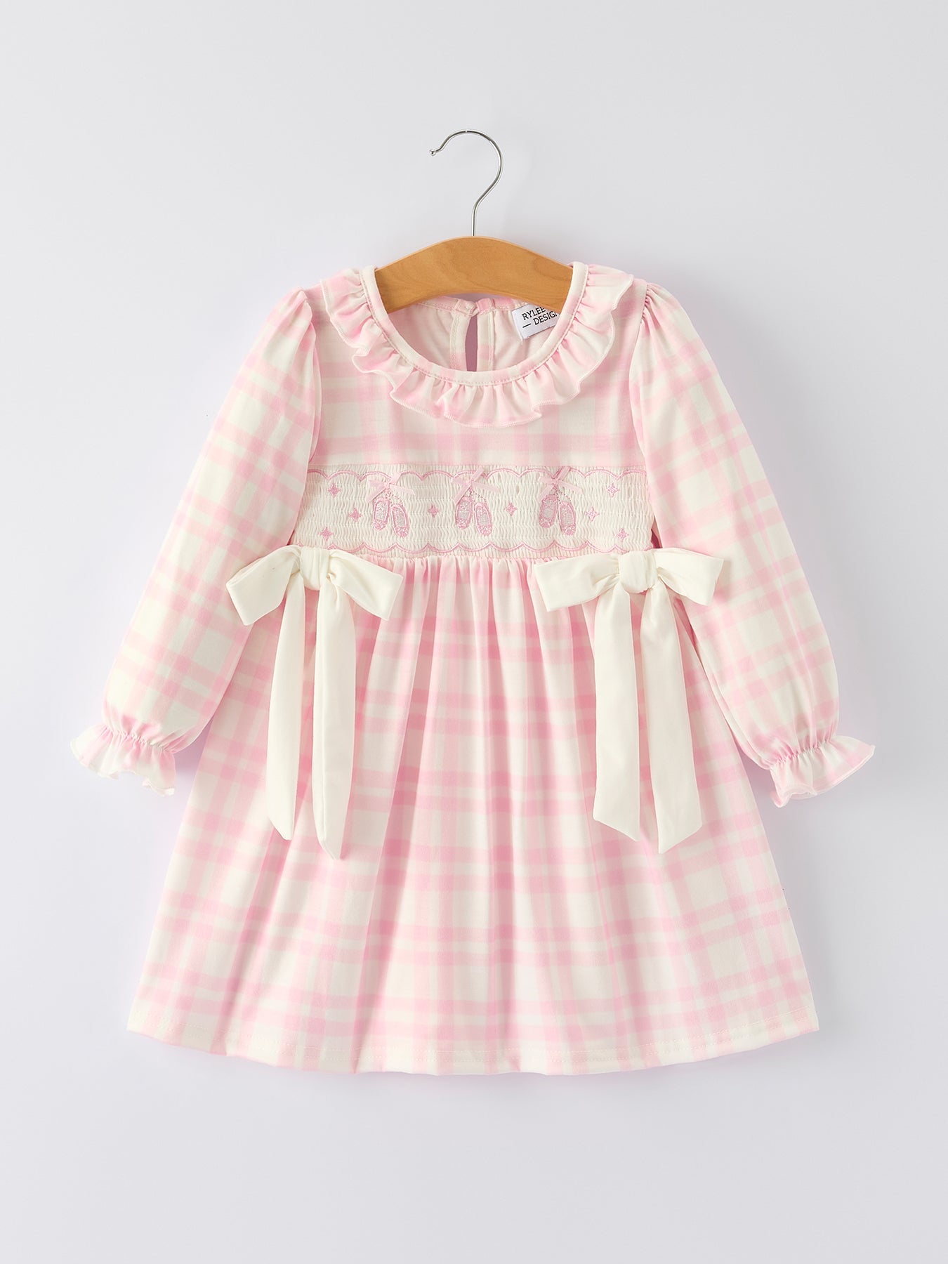 Fall Pink Plaid Ruffle Ballet Shoe Embroidery Long Sleeve Dress