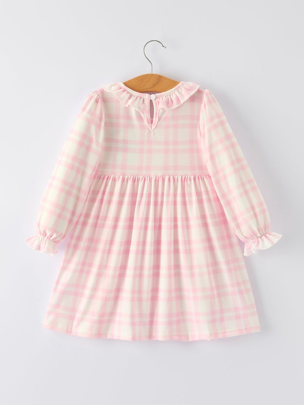 Fall Pink Plaid Ruffle Ballet Shoe Embroidery Long Sleeve Dress