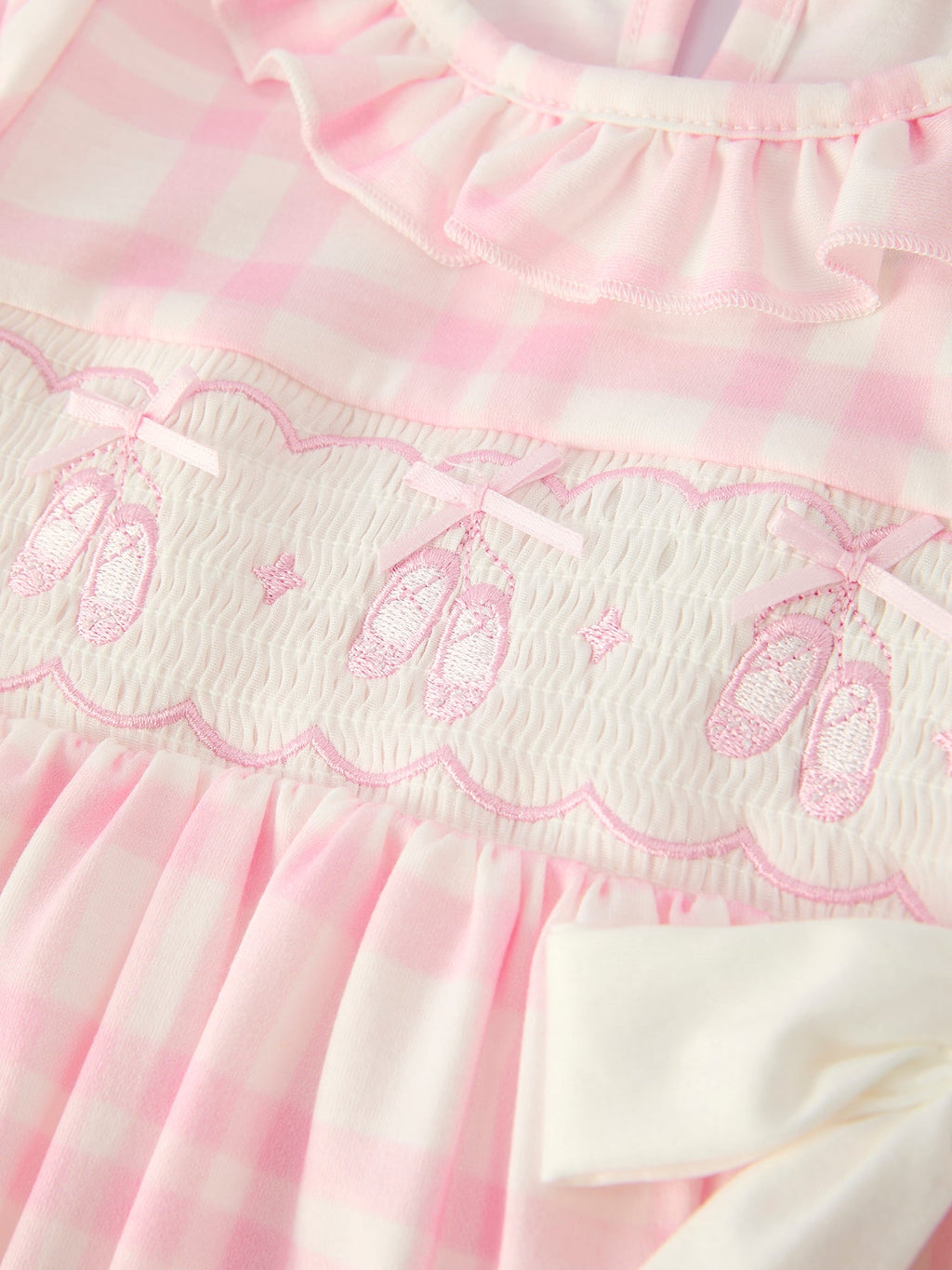 Fall Pink Plaid Ruffle Ballet Shoe Embroidery Long Sleeve Dress