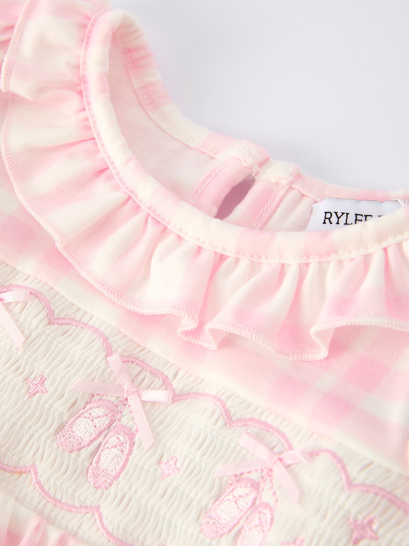 Fall Pink Plaid Ruffle Ballet Shoe Embroidery Long Sleeve Romper