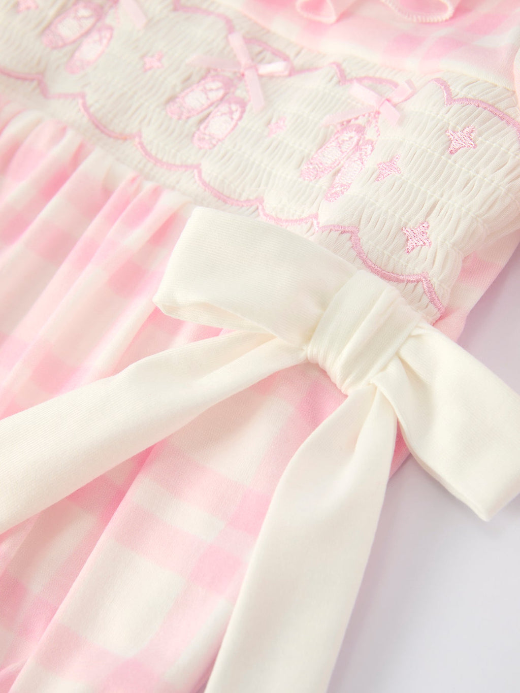 Fall Pink Plaid Ruffle Ballet Shoe Embroidery Long Sleeve Romper