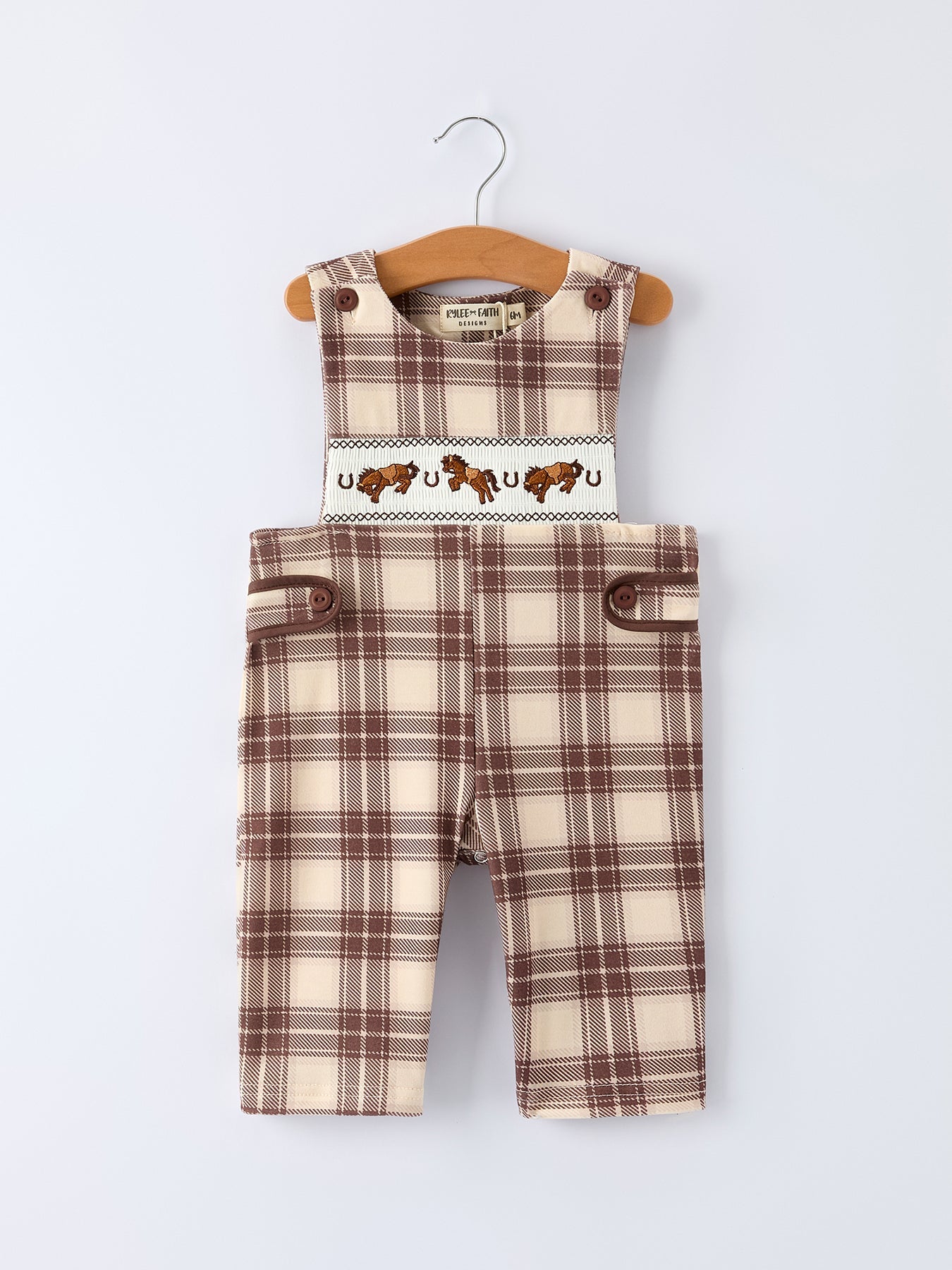 Western Horse Embroidered Smocked Plaid Baby Boy Romper