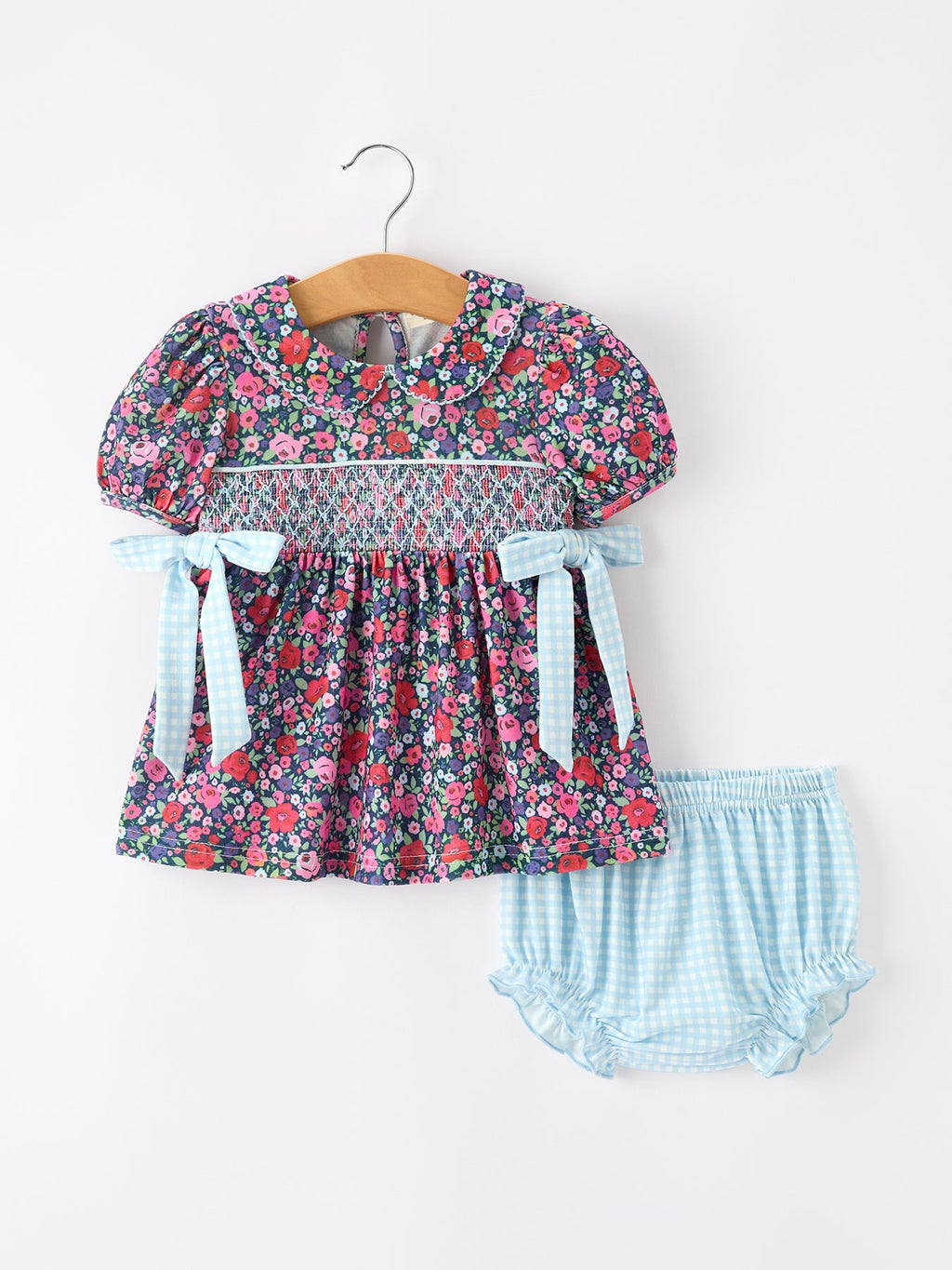Blue Bow Floral Smocked Girl Bloomer Set