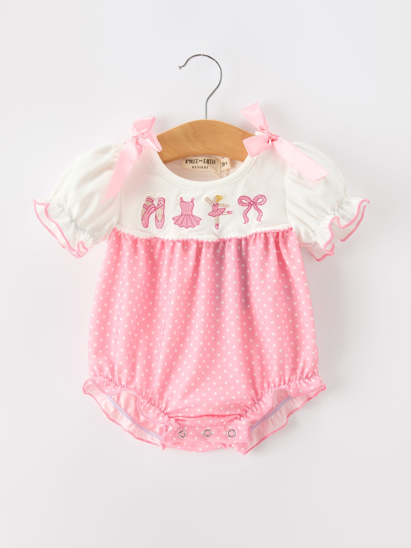 Fall Pink Ballet Embroidery Bow Bubble Romper