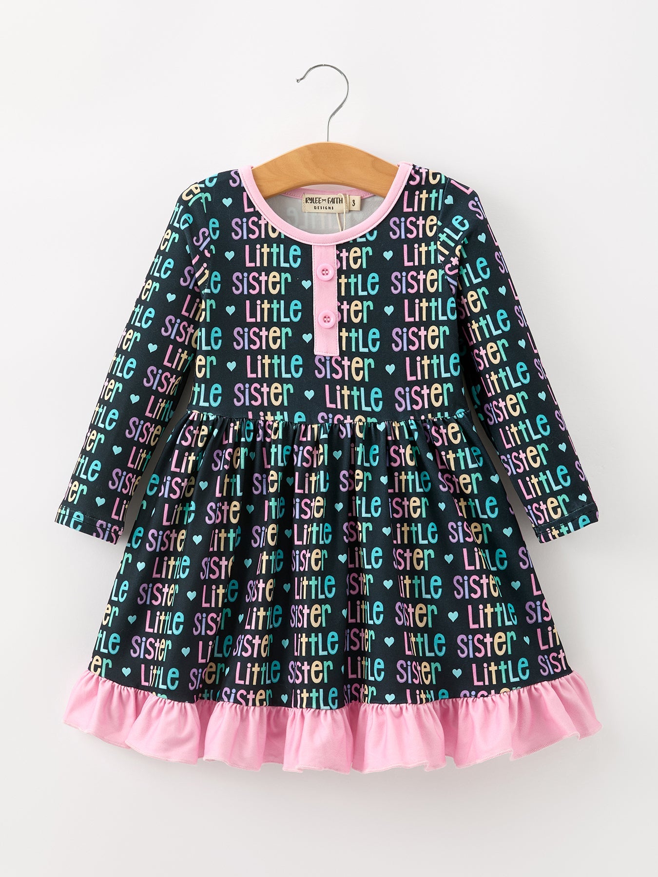 Little Sister Rainbow Letter Print Girls Ruffle Hem Dress
