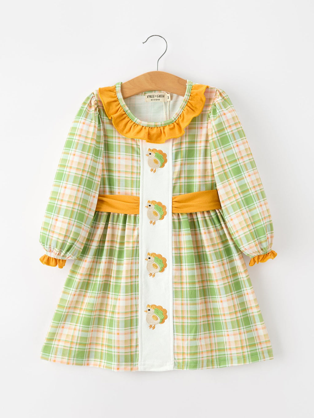 Thanksgiving Turkey Applique Plaid Girls Long Sleeve Dress