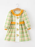 Thanksgiving Turkey Applique Plaid Girls Long Sleeve Dress
