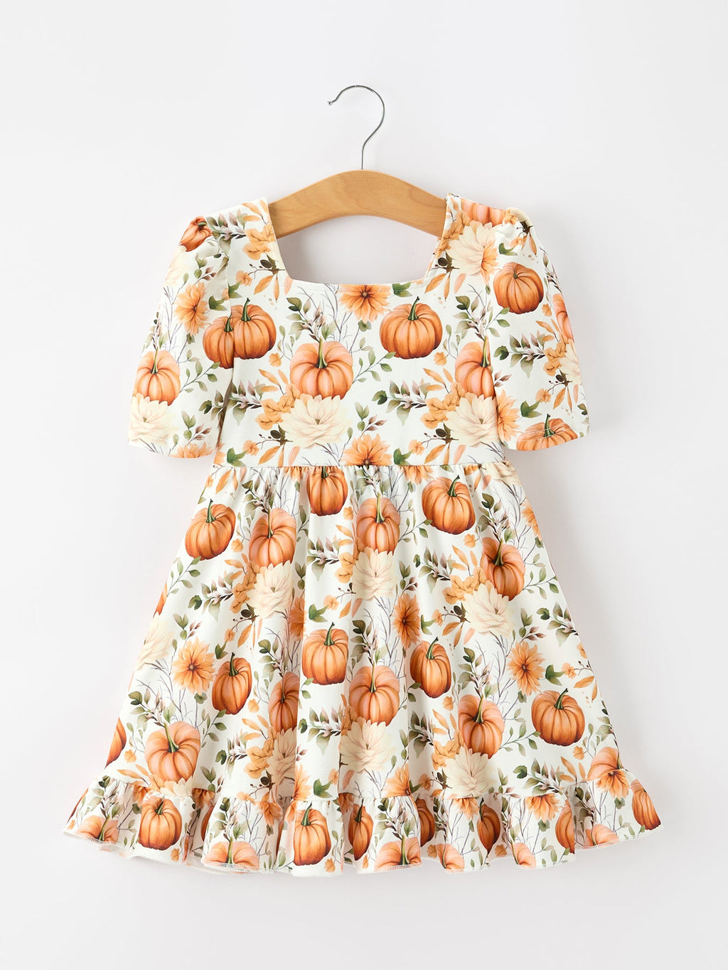Fall Pumpkin Floral Girls Ruffle Hem Dress