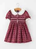 Burgundy Floral Smocked Girls Dress Peter Pan Collar Lace Trim