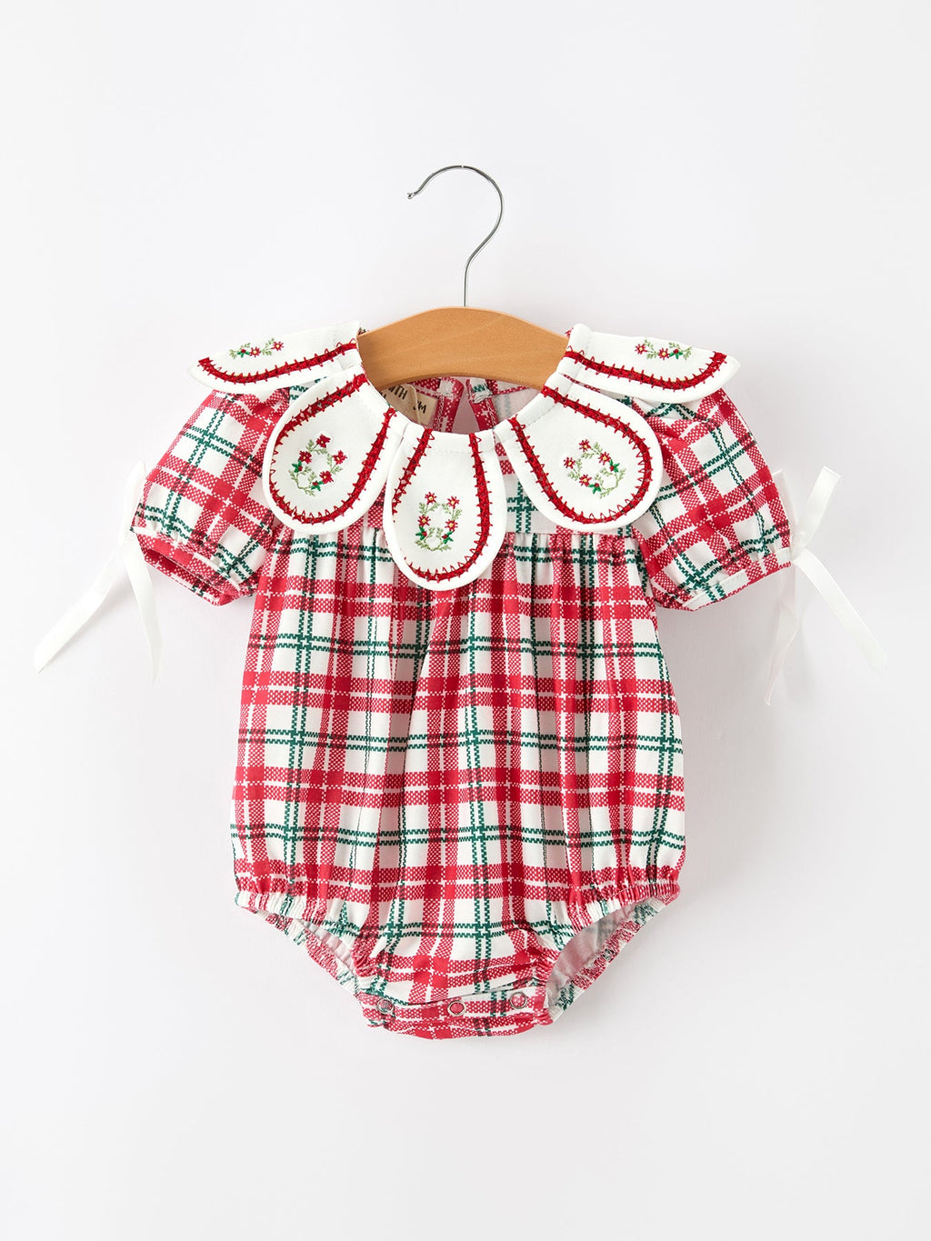Red Christmas Plaid Wreath Baby Girl Bubble Romper
