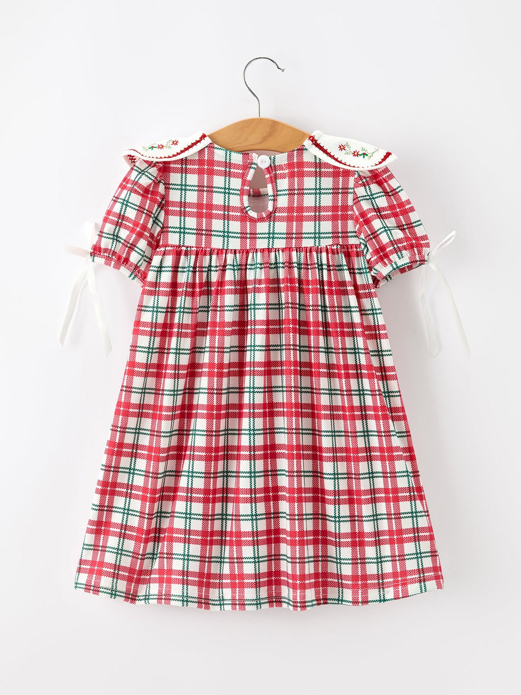 Red Christmas Plaid Wreath Embroidered Girl Dress
