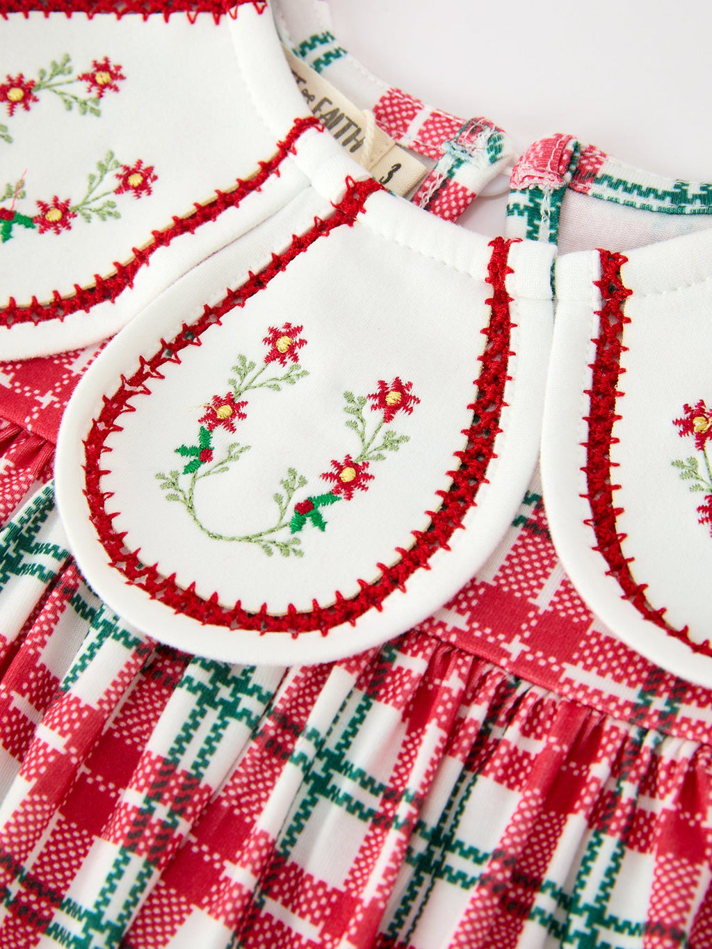 Red Christmas Plaid Wreath Embroidered Girl Dress