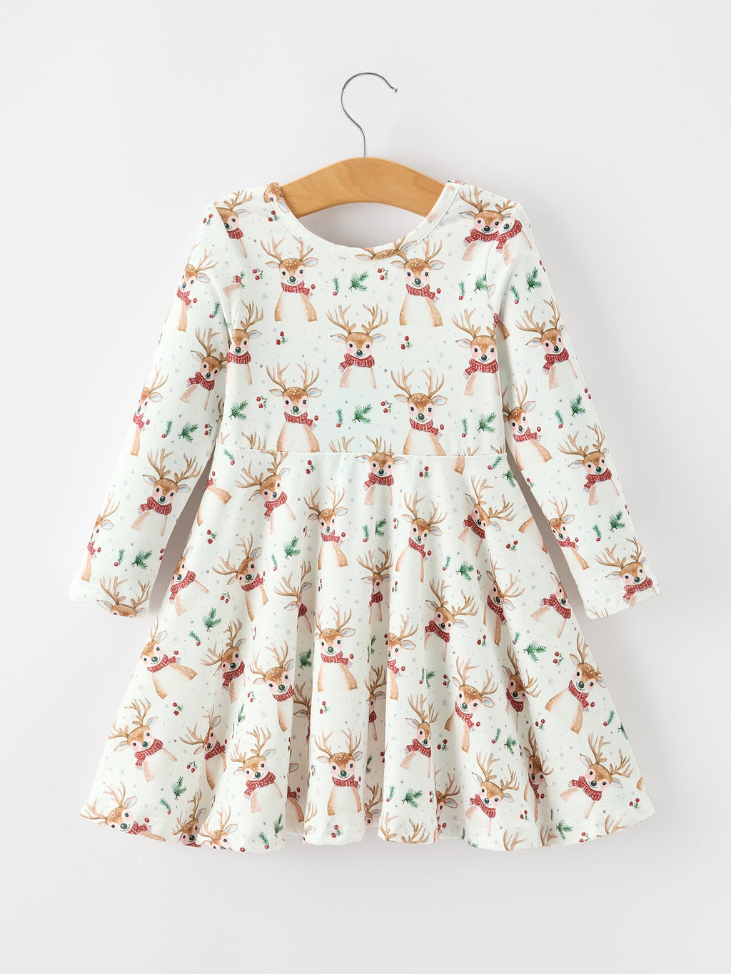 Girls Reindeer Christmas Twirl Long Sleeve Dress
