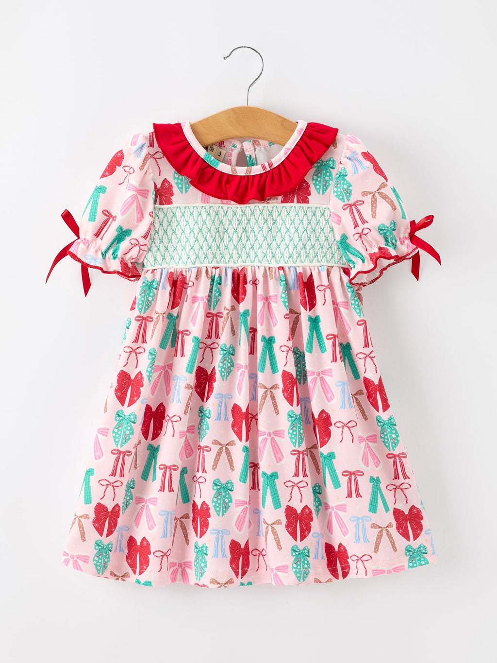 Girl Christmas Smocked Dress Red Green Bow Holiday Party Dress