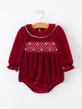 Christmas Velvet Smocked Baby Bubble Romper with Pearl Detail