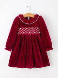 Christmas Velvet Smocked Girls Dress with Pearl Detail