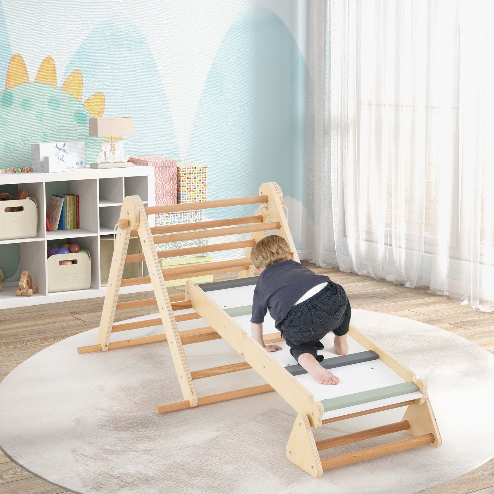 3-in-1 Pikler Triangle Climbing Set Kids Foldable Montessori Toys with Ramp-Natural