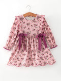 Fall Purple Rose Floral Girl Dress Bow Ruffle Long Sleeve Scalloped Hem