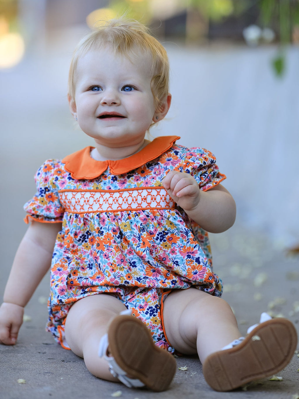 Fall Floral Smocked Petals Collar Girls Bubble Romper