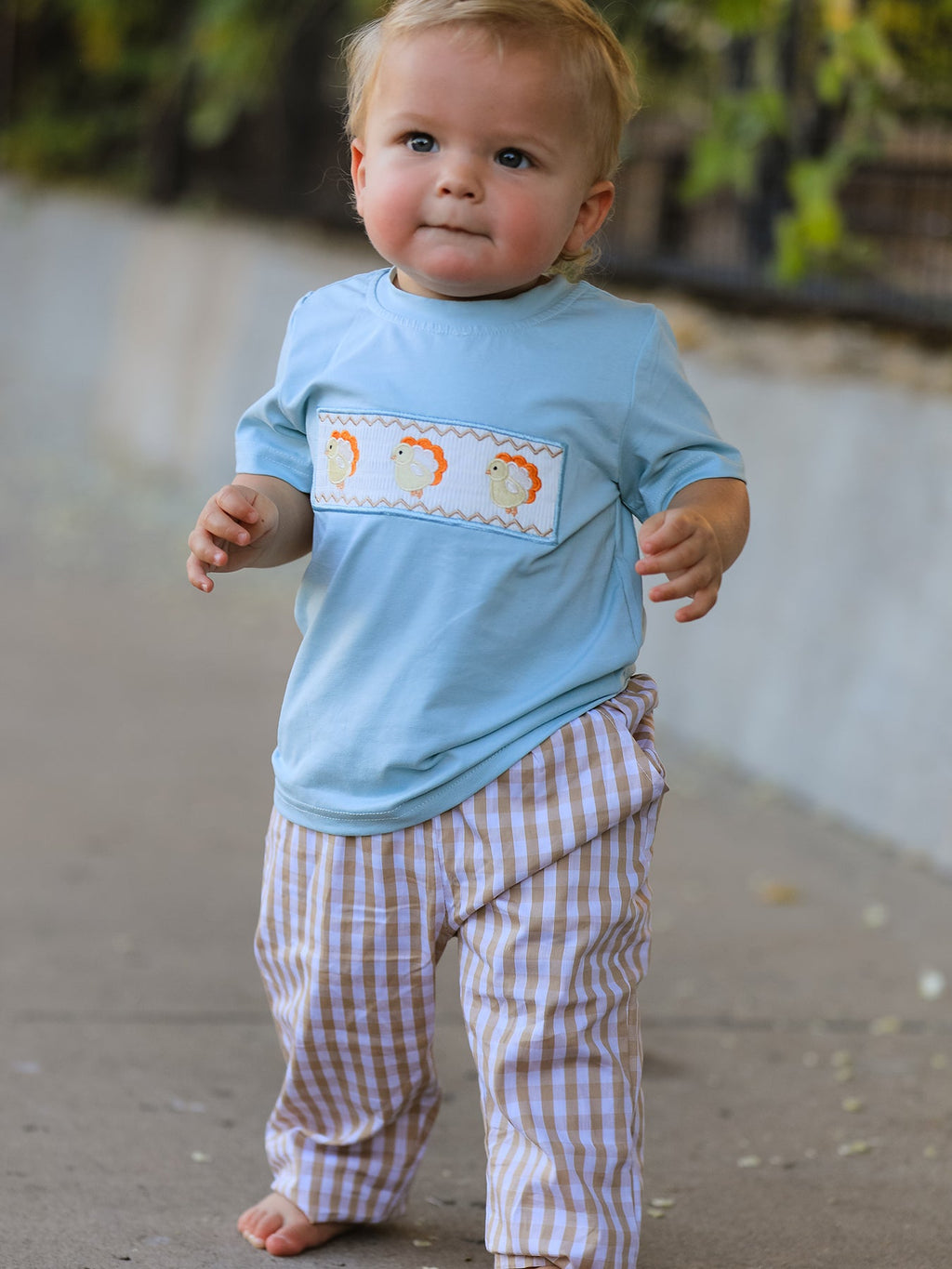 Fall Thanksgiving Plaid Chick Embroidery Smocking Boys Set