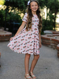 Girls Western Horse Print Twirl Dress Short Sleeve