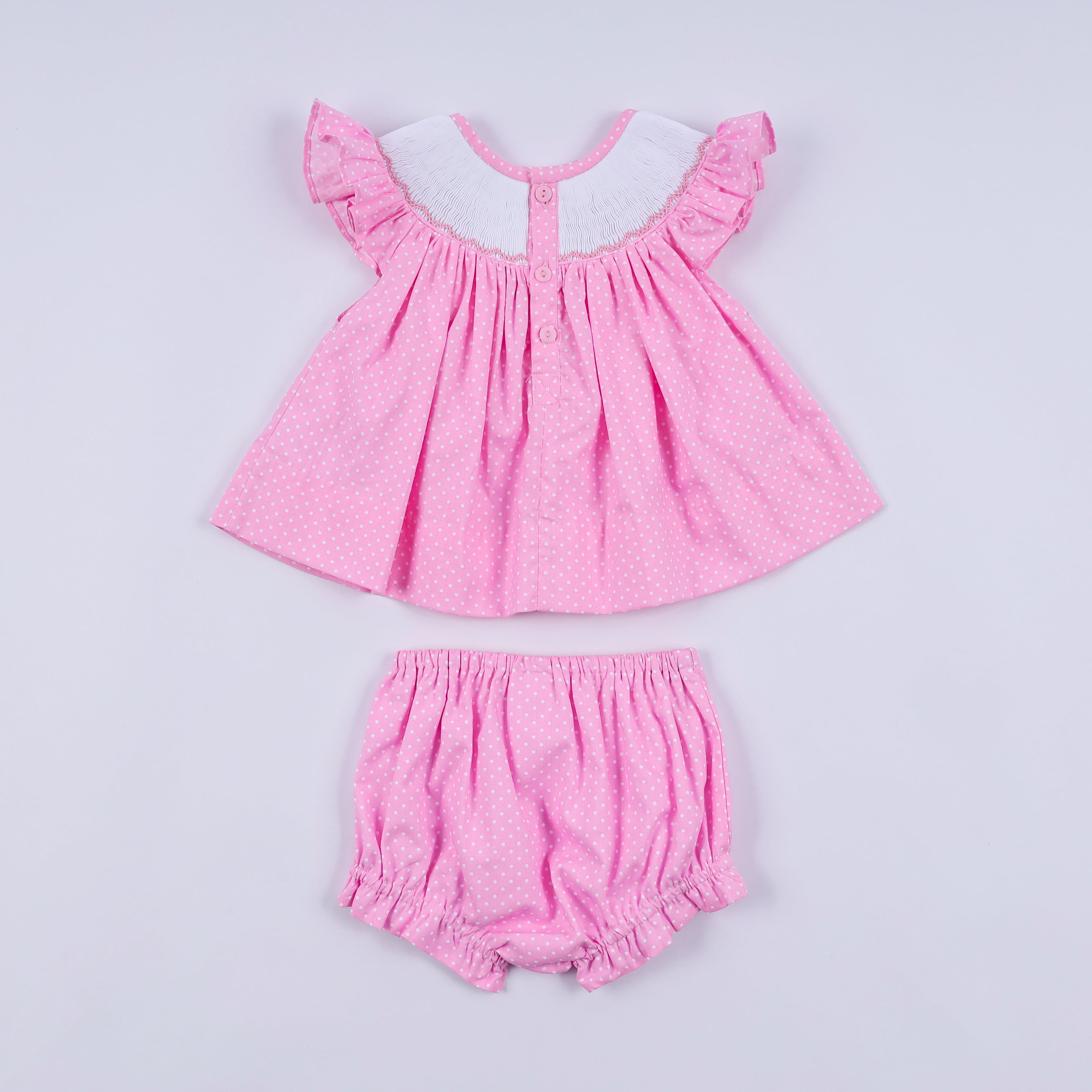 Pink character hand smocked dot ruffle bloomer set
