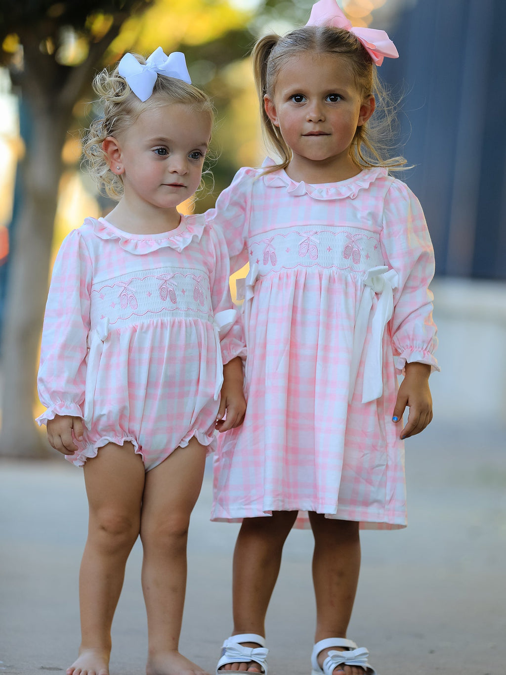 Fall Pink Plaid Ruffle Ballet Shoe Embroidery Long Sleeve Romper