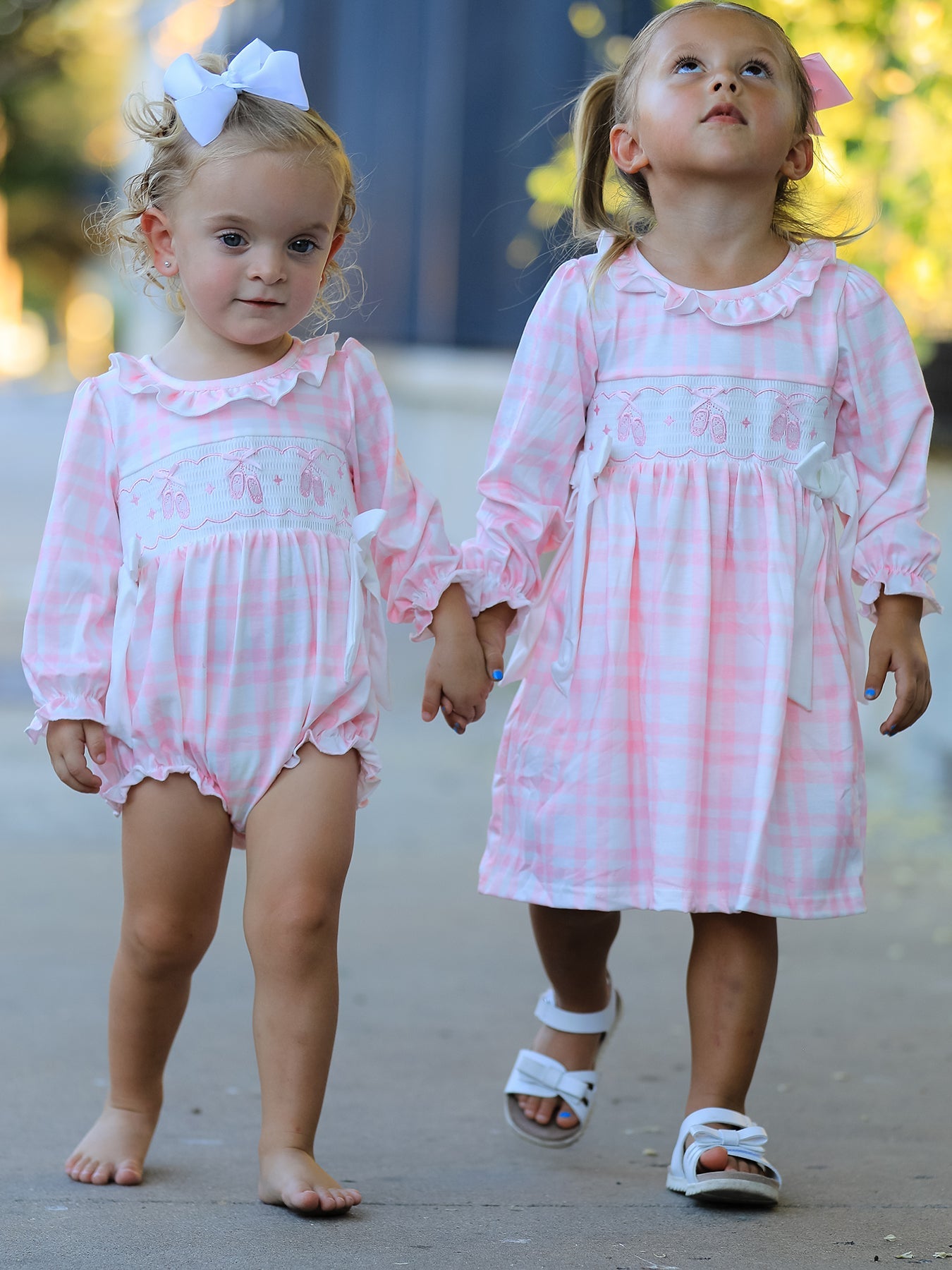 Fall Pink Plaid Ruffle Ballet Shoe Embroidery Long Sleeve Dress