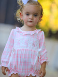 Fall Pink Plaid Ruffle Ballet Shoe Embroidery Long Sleeve Romper