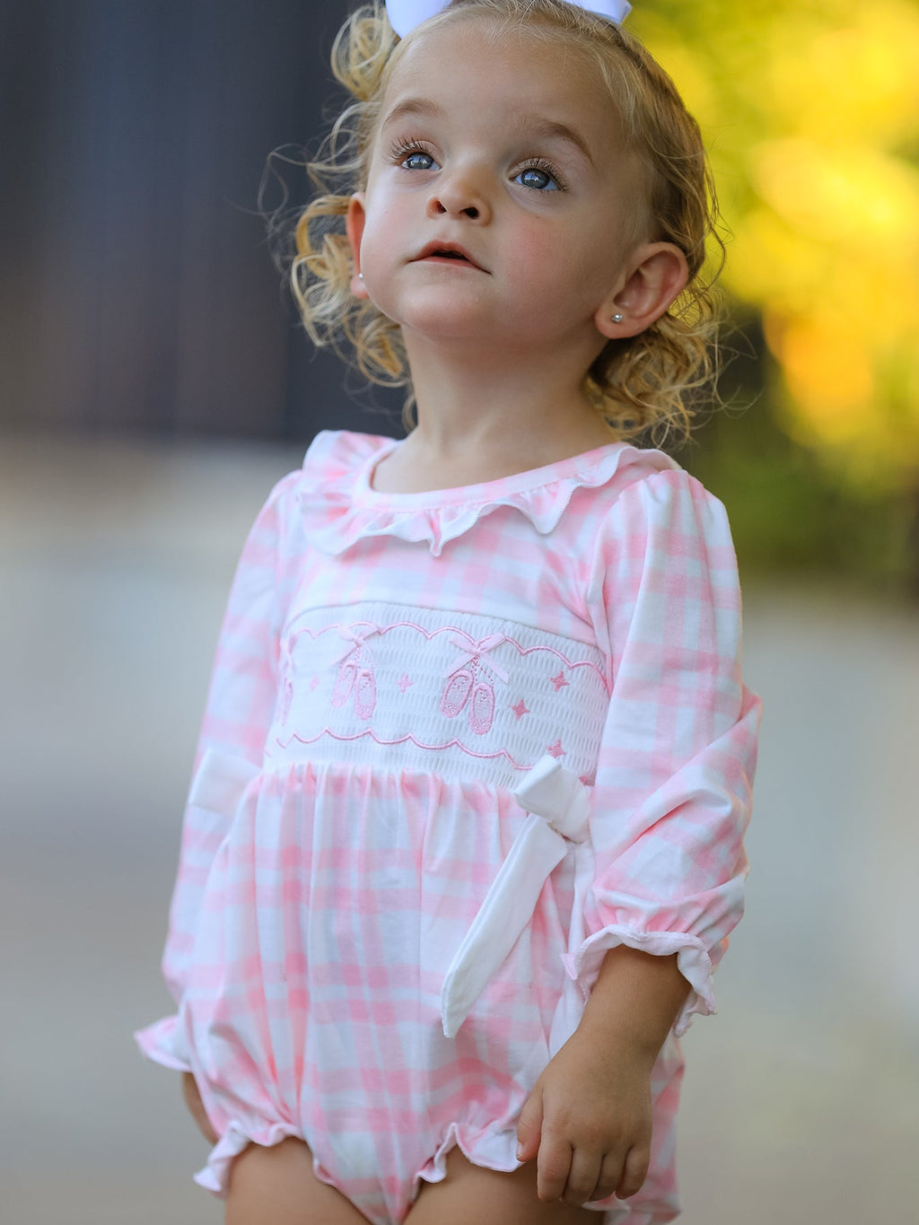 Fall Pink Plaid Ruffle Ballet Shoe Embroidery Long Sleeve Romper