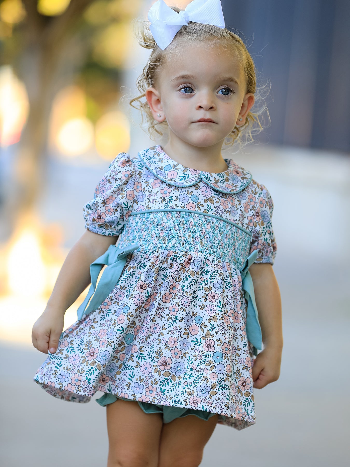 Sage Green Floral Smocked Girl Bloomer Set