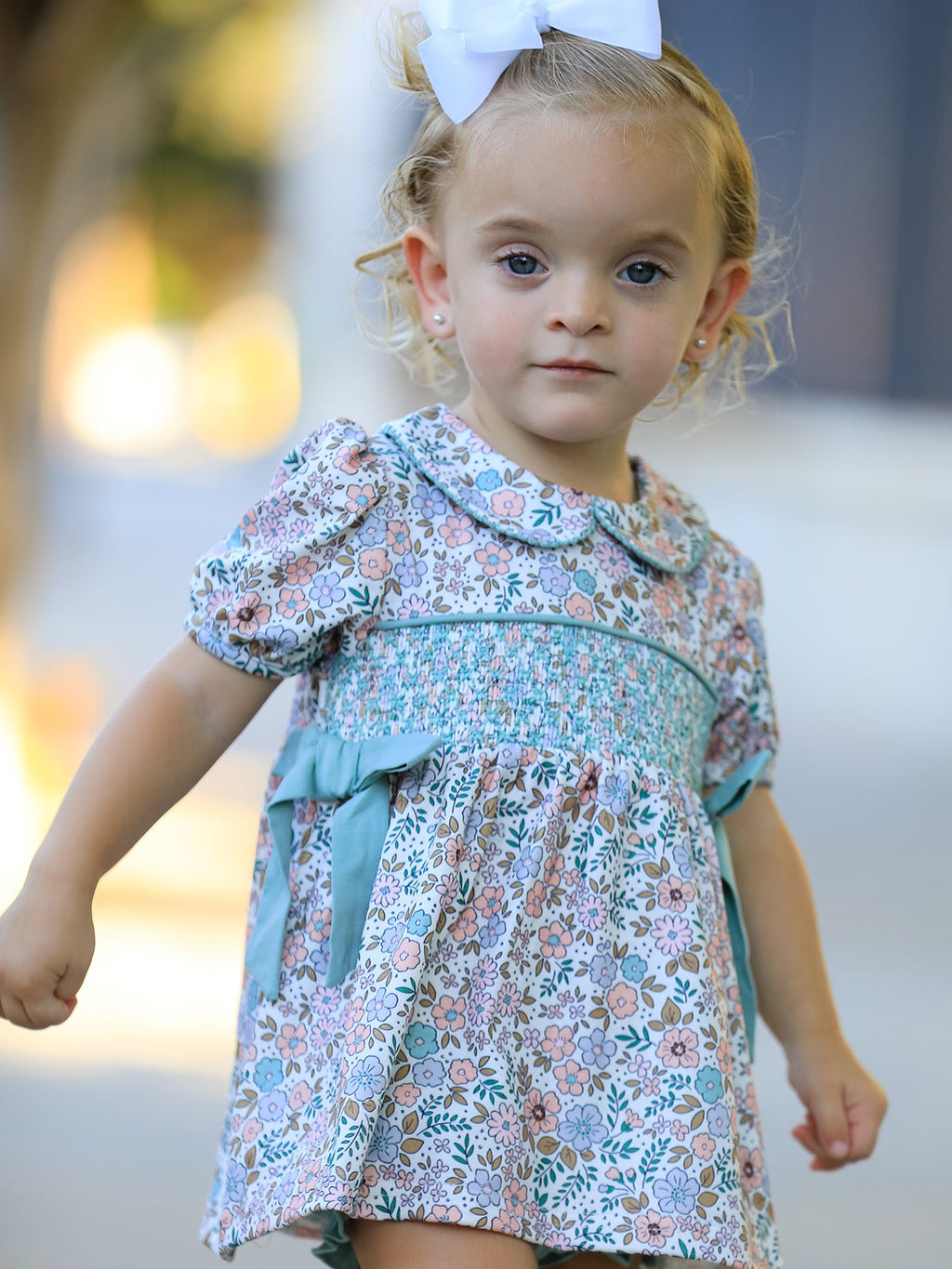 Sage Green Floral Smocked Girl Bloomer Set