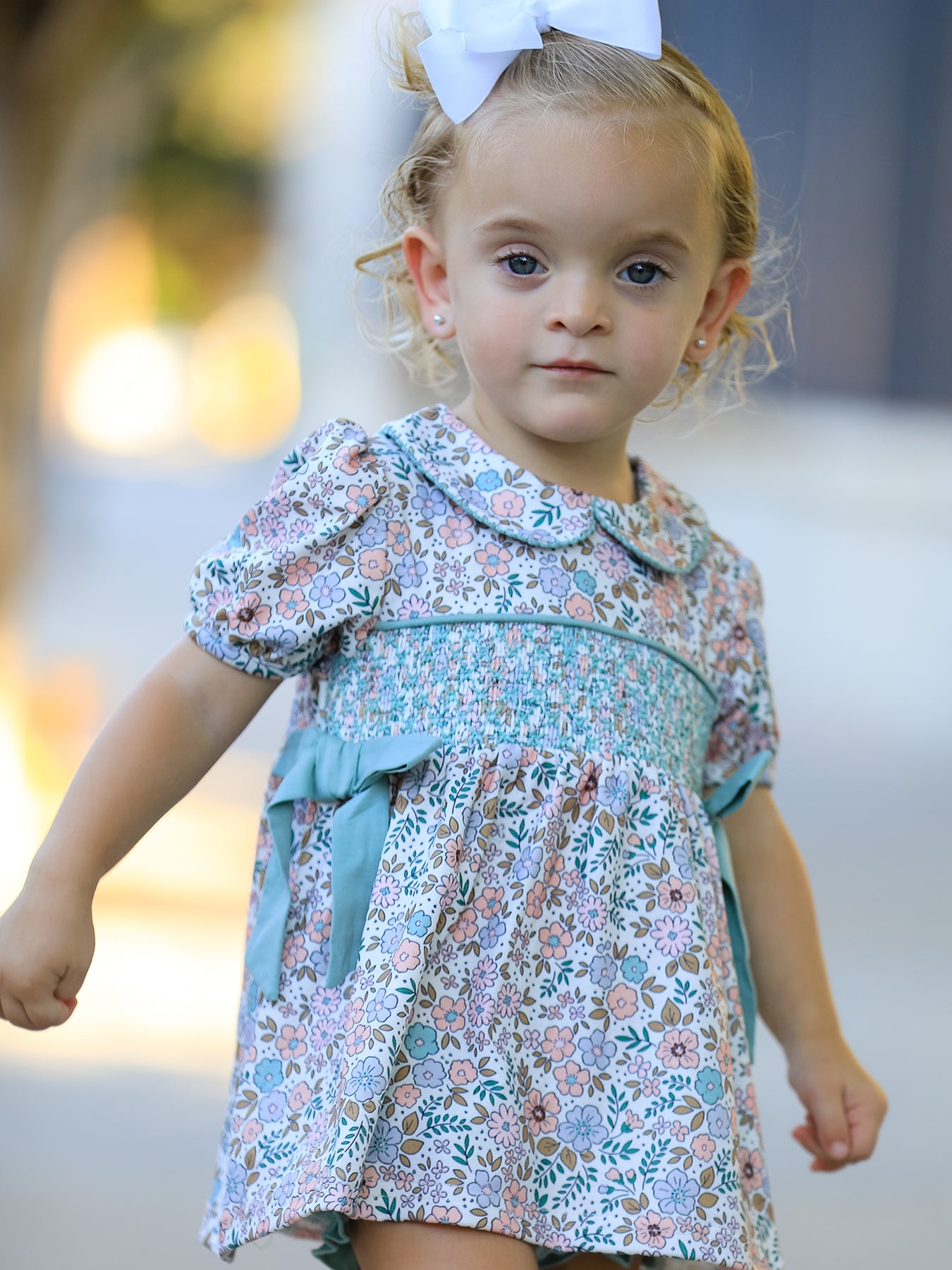 Sage Green Floral Smocked Girl Bloomer Set