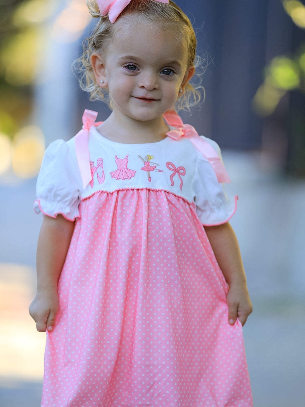 Fall Pink Ballet Embroidery Bow Polka Dot Dress