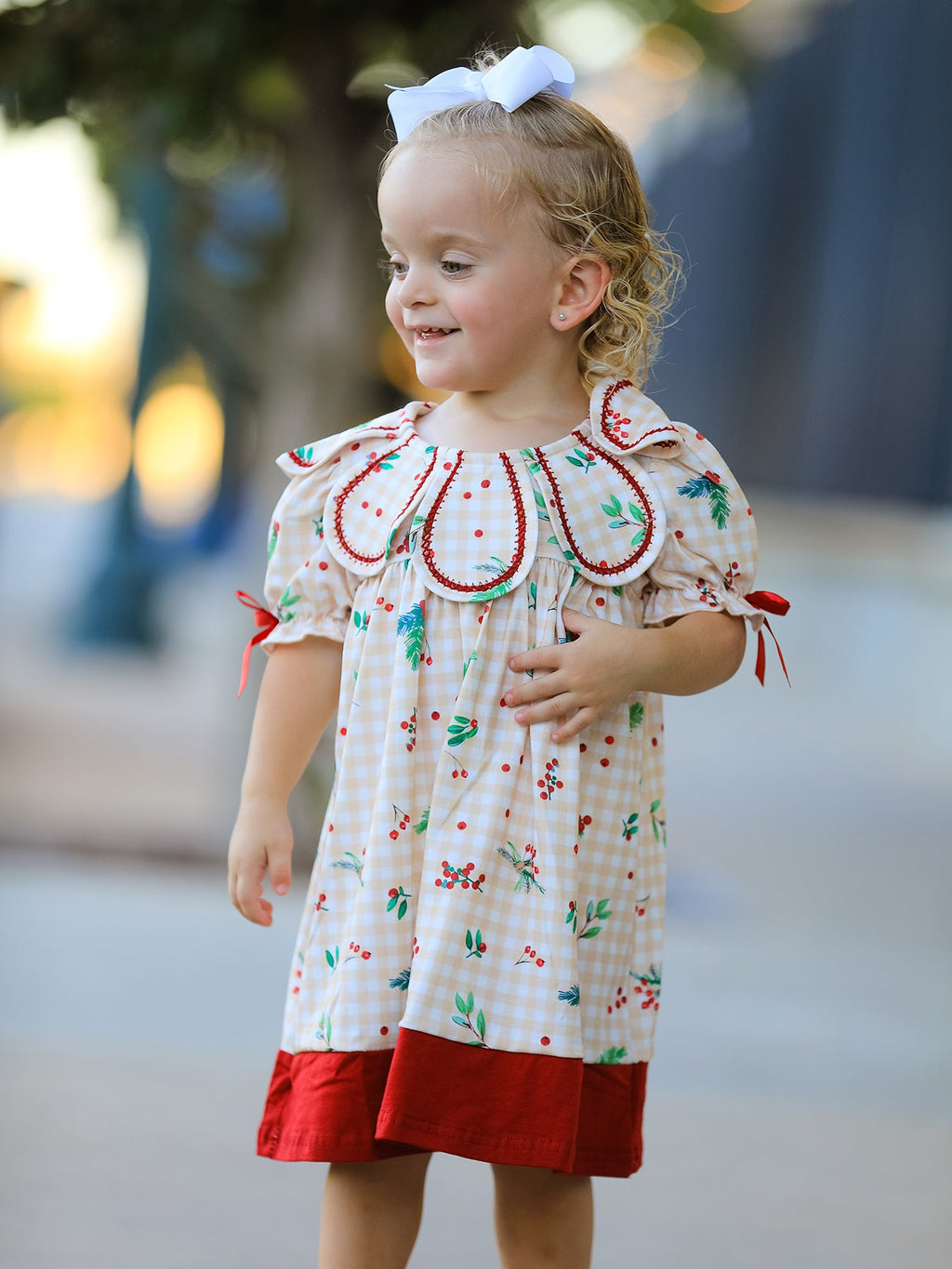 Fall Gingham Girls Dress Ruffle Collar Bow