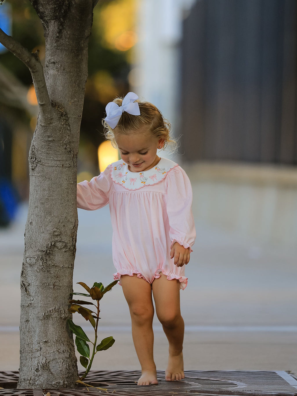 Pink Goose Embroidered Baby Girl Romper Ruffle Collar