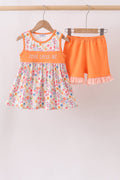 Coral Jesus Loves me Embroidered Floral Shorts Set
