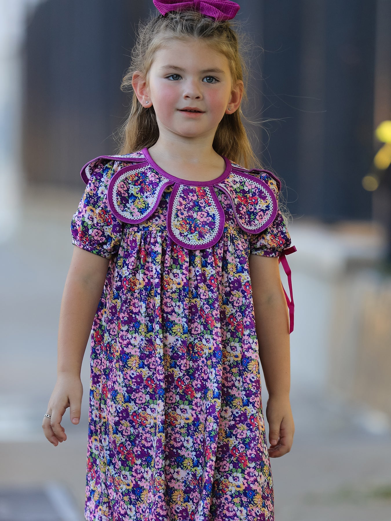 Purple Floral Bow Petals Collar Girls Dress