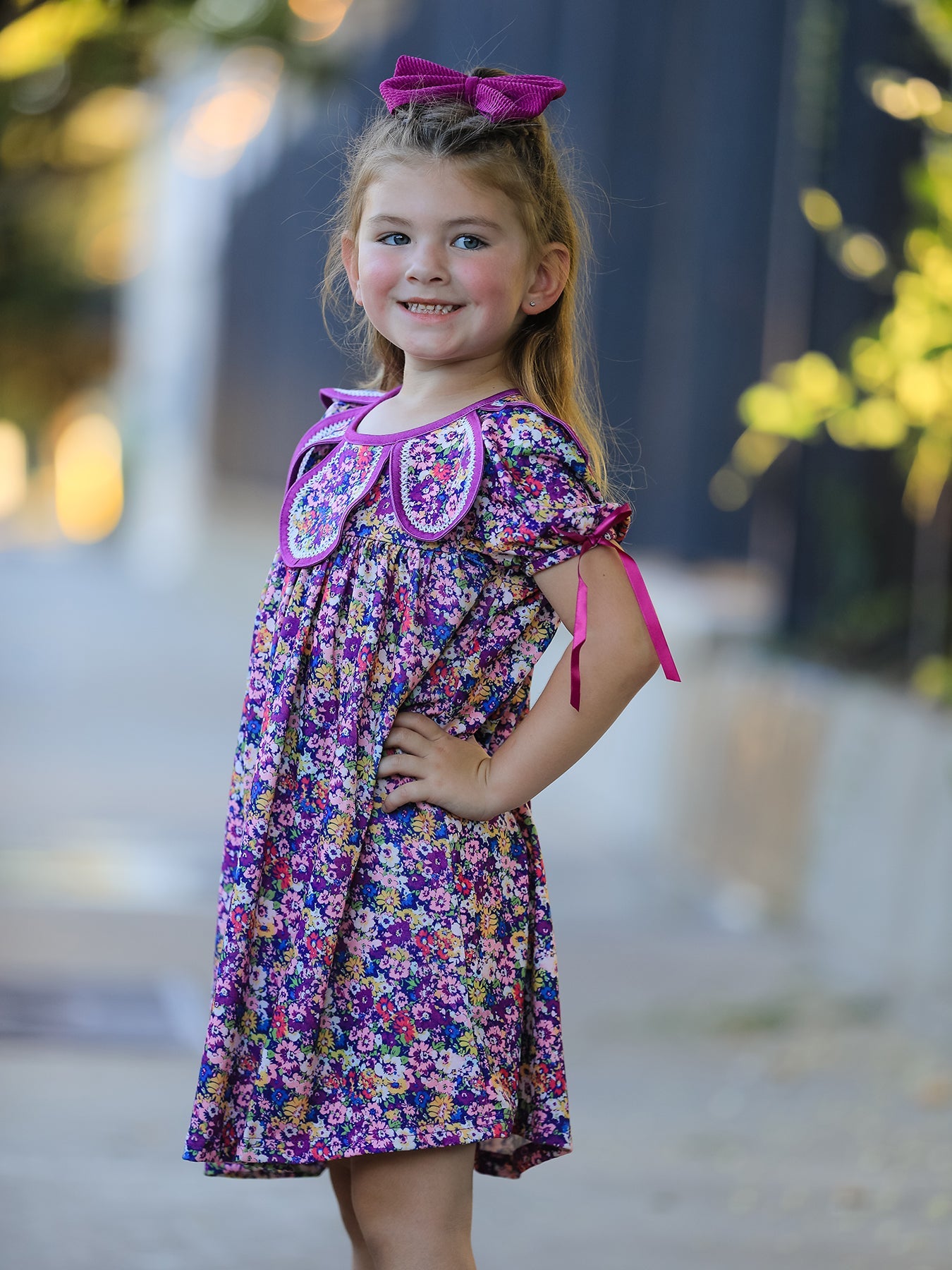Purple Floral Bow Petals Collar Girls Dress