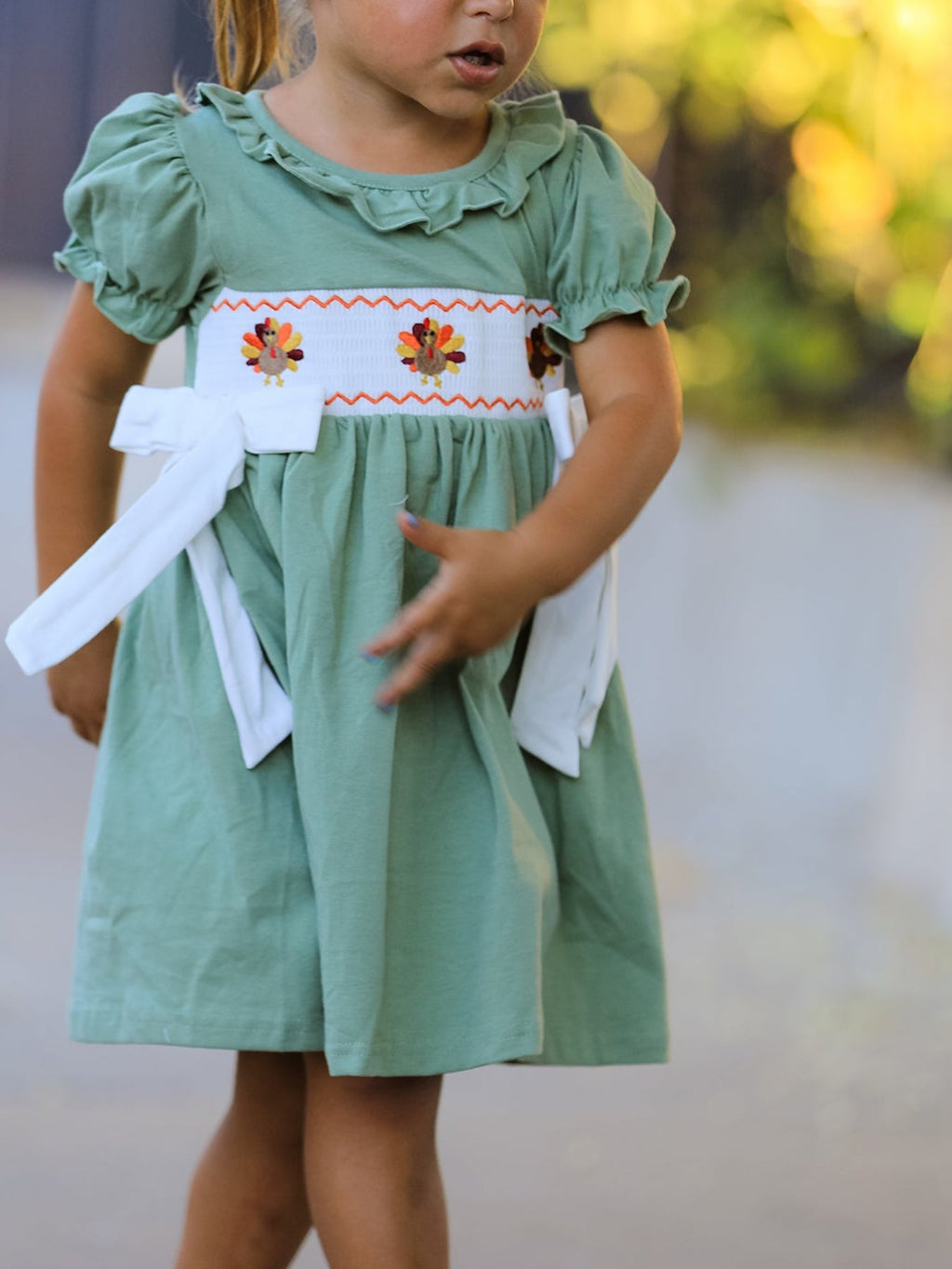 Fall Thanksgiving Chicken Smock Embroidered Green  Baby Girl Dress