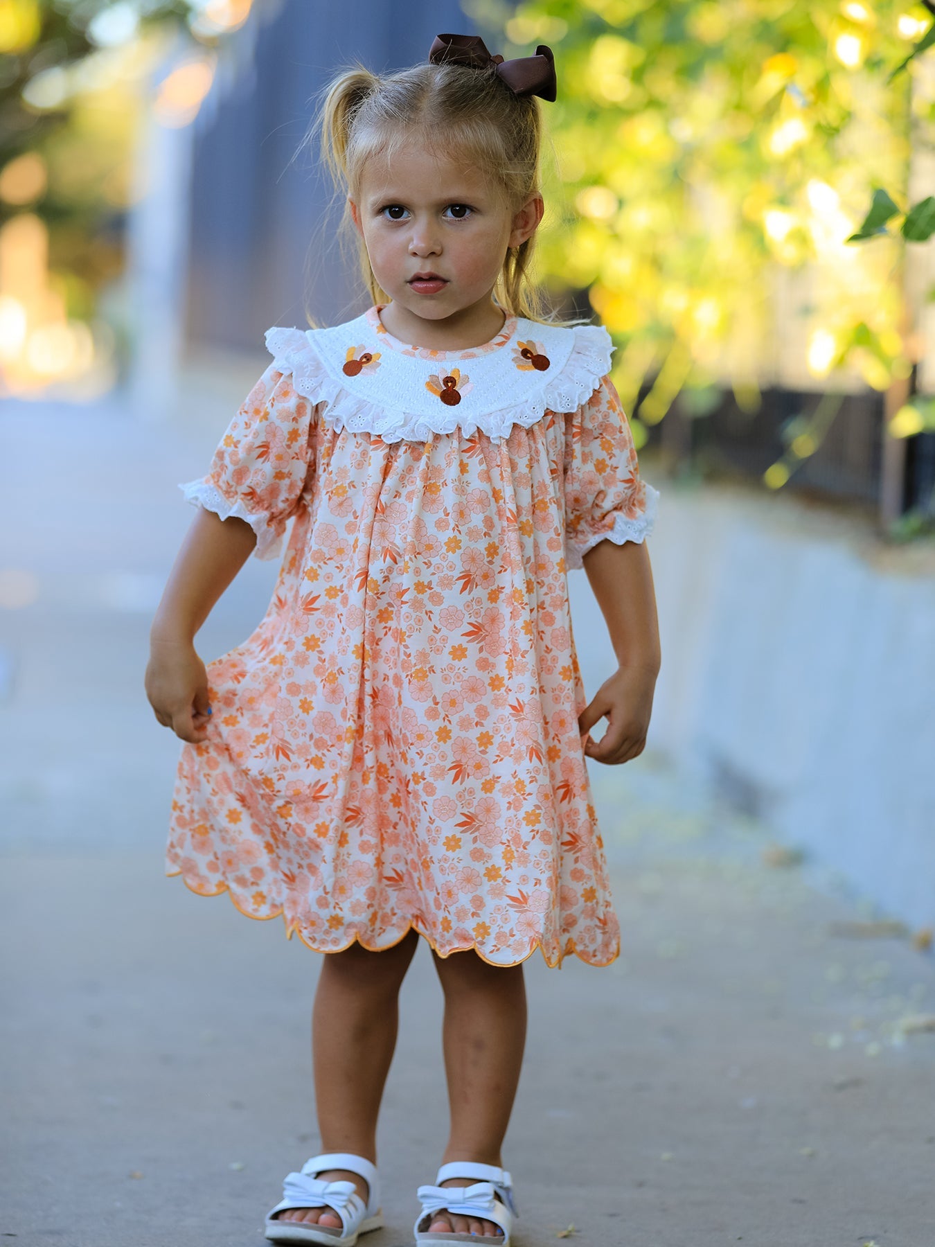 Thanksgiving Turkey Floral Lace Ruffle Girls Dress