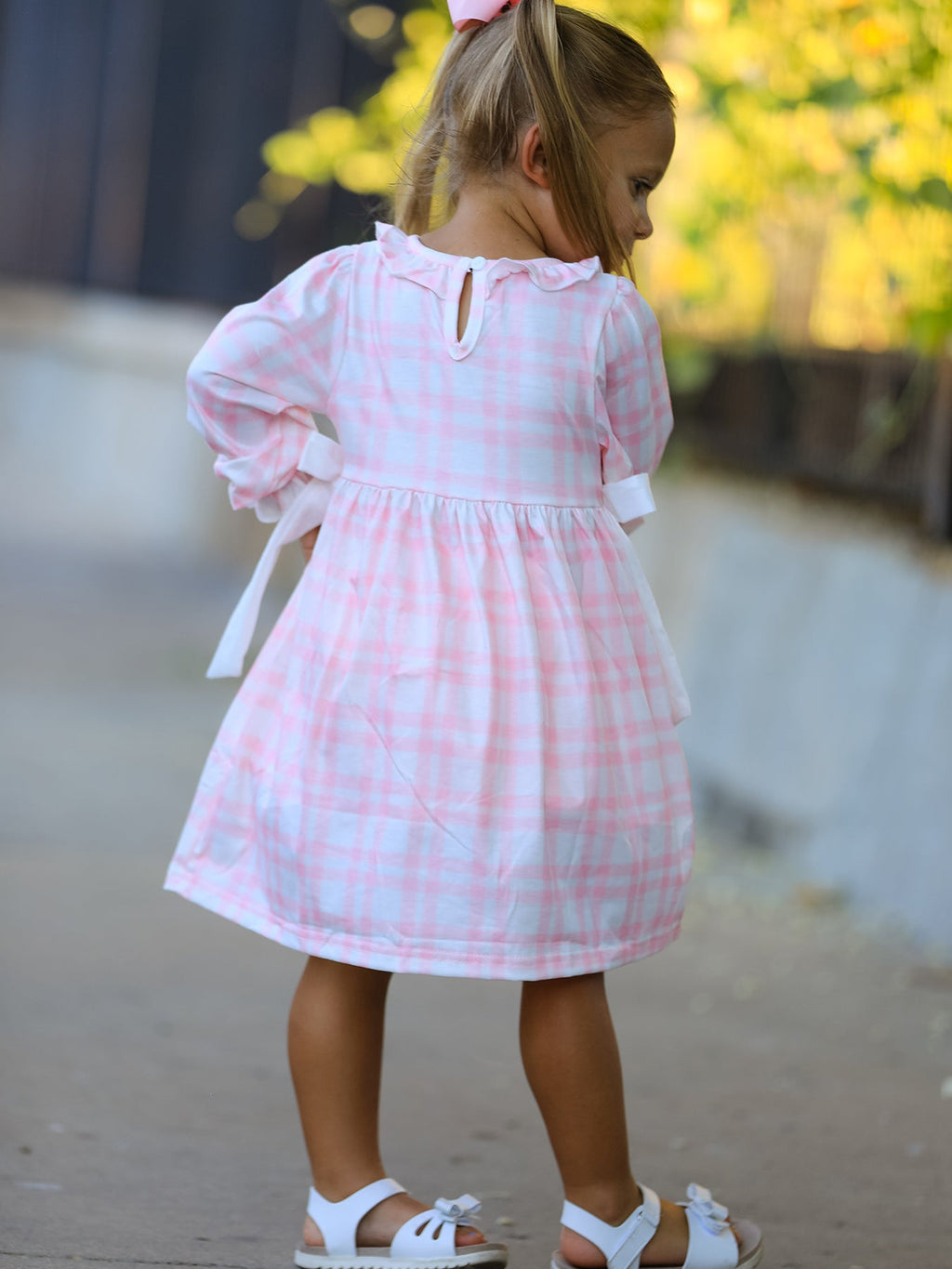 Fall Pink Plaid Ruffle Ballet Shoe Embroidery Long Sleeve Dress
