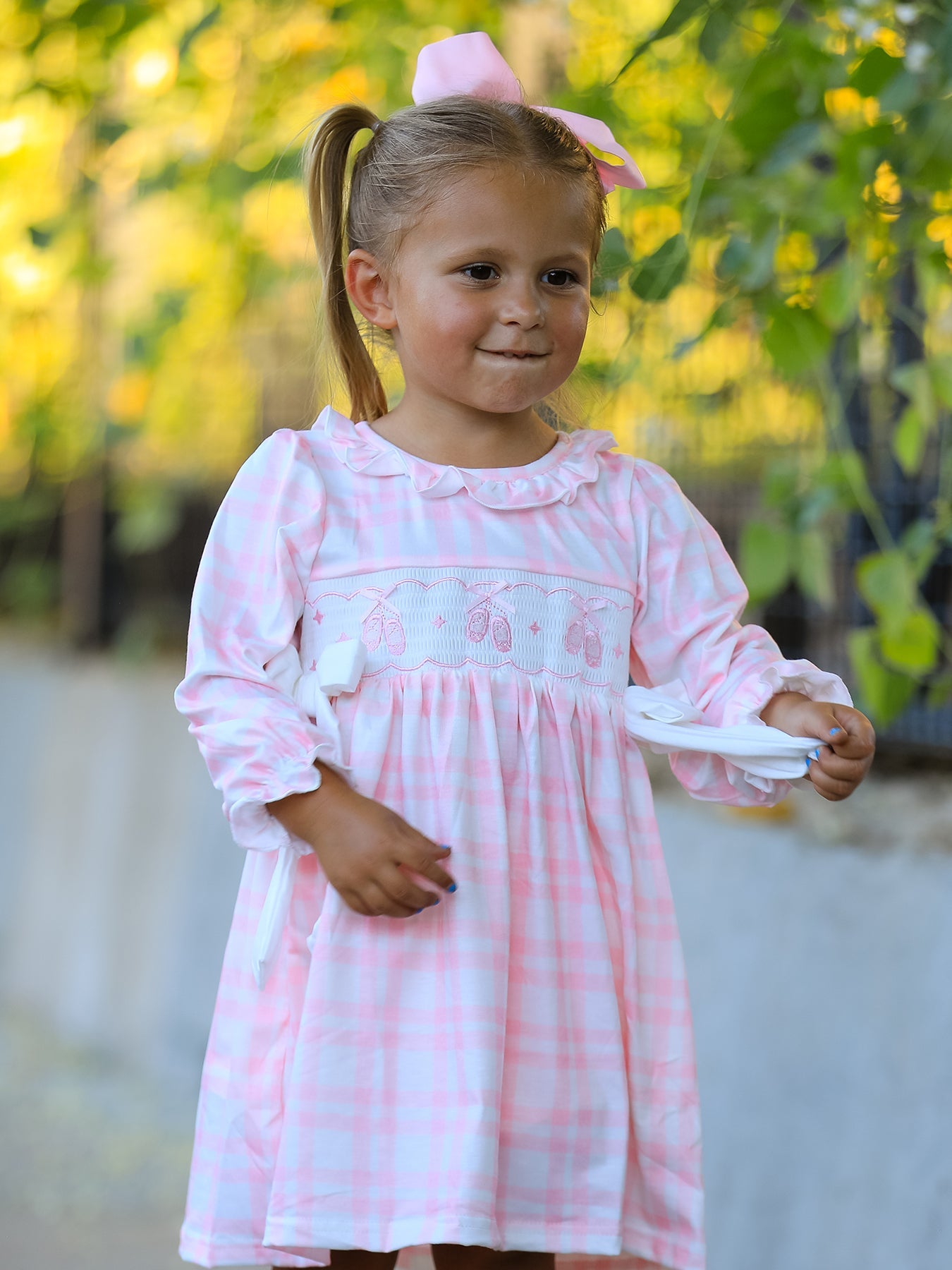 Fall Pink Plaid Ruffle Ballet Shoe Embroidery Long Sleeve Dress