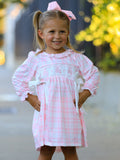 Fall Pink Plaid Ruffle Ballet Shoe Embroidery Long Sleeve Dress