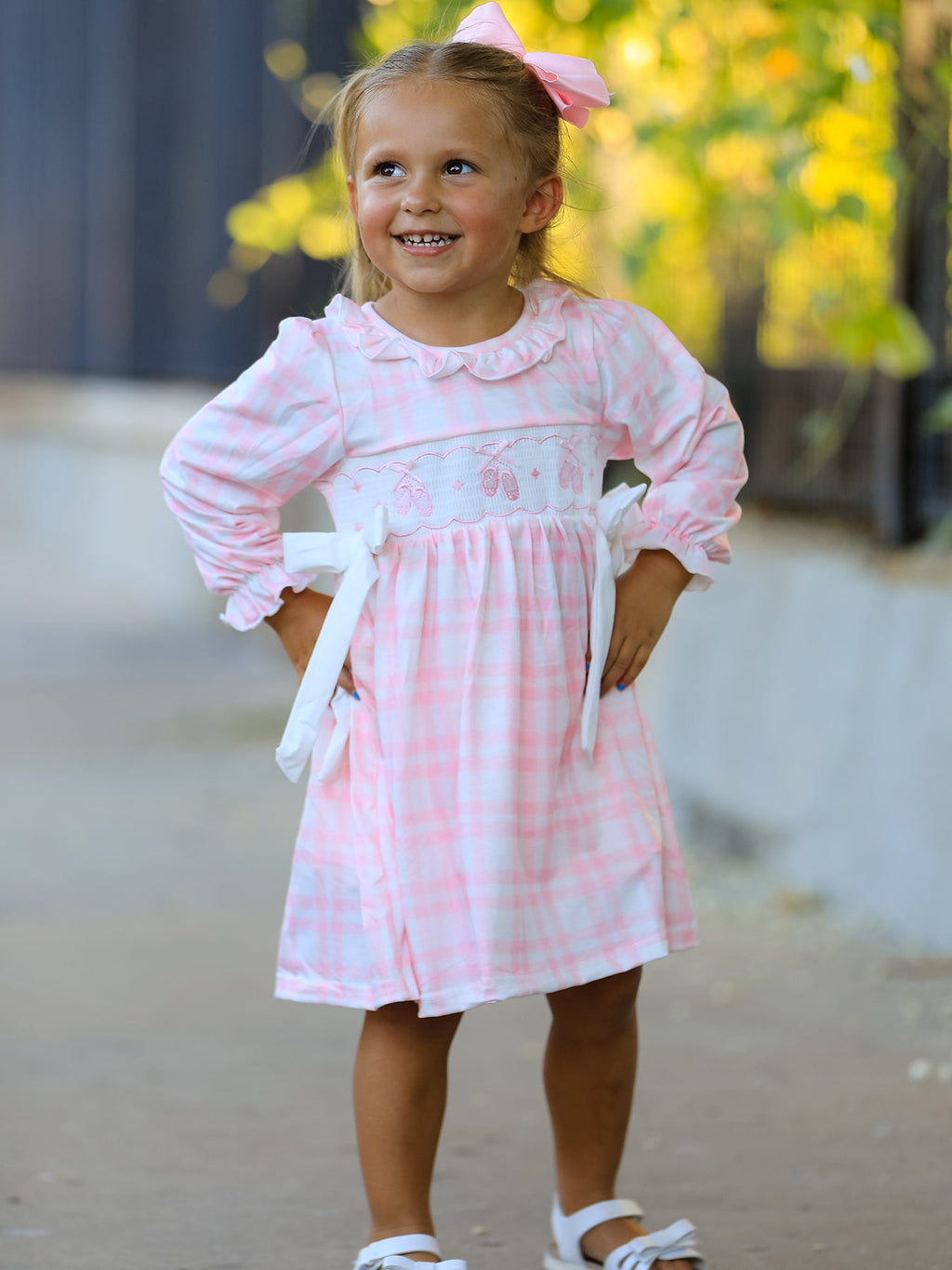 Fall Pink Plaid Ruffle Ballet Shoe Embroidery Long Sleeve Dress