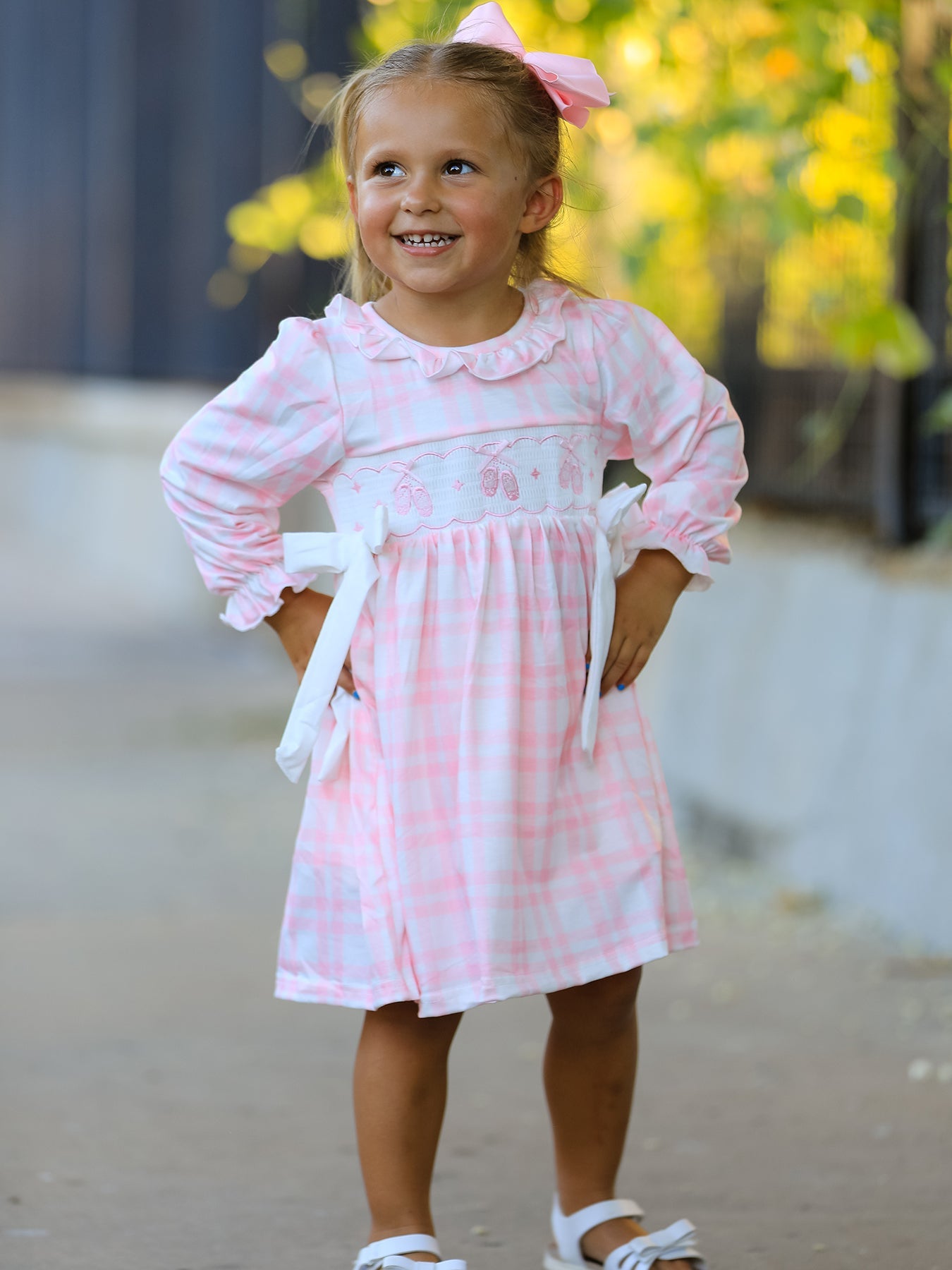 Fall Pink Plaid Ruffle Ballet Shoe Embroidery Long Sleeve Dress