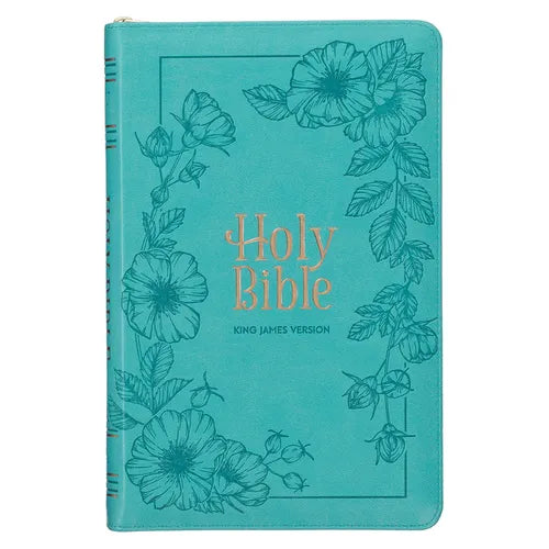 KJV Holy Bible, Standard Size Faux Leather Red Letter Edition - Thumb Index & Ribbon Marker, King James Version, Teal Floral Zipper Closure - Leather