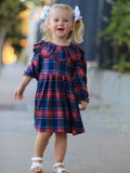 Fall Plaid Girl Dress Petal Collar Puff Sleeve Long Sleeve