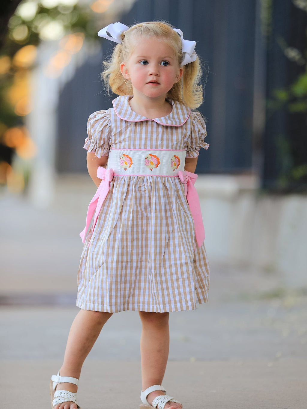 Fall Thanksgiving Lapel Plaid Chick Embroidery Smocking Bow Baby Girls Dress