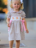 Fall Thanksgiving Lapel Plaid Chick Embroidery Smocking Bow Baby Girls Dress